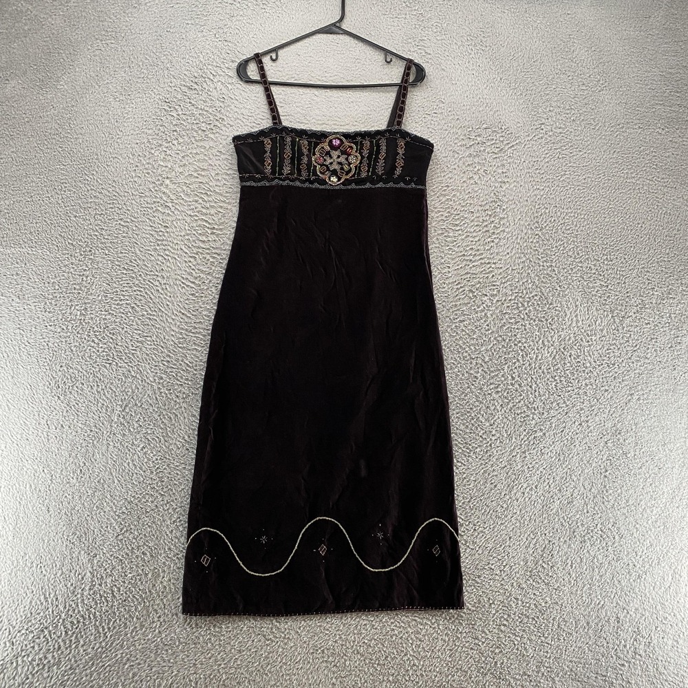 Henna Velvet‎ Babydoll Dress Juniors 7 Brown Beaded Embroidered Midi Fairy Y2K